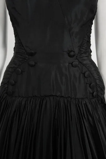 1950's French Couture Black Heavily-Pleated Silk Strapless Party Dress