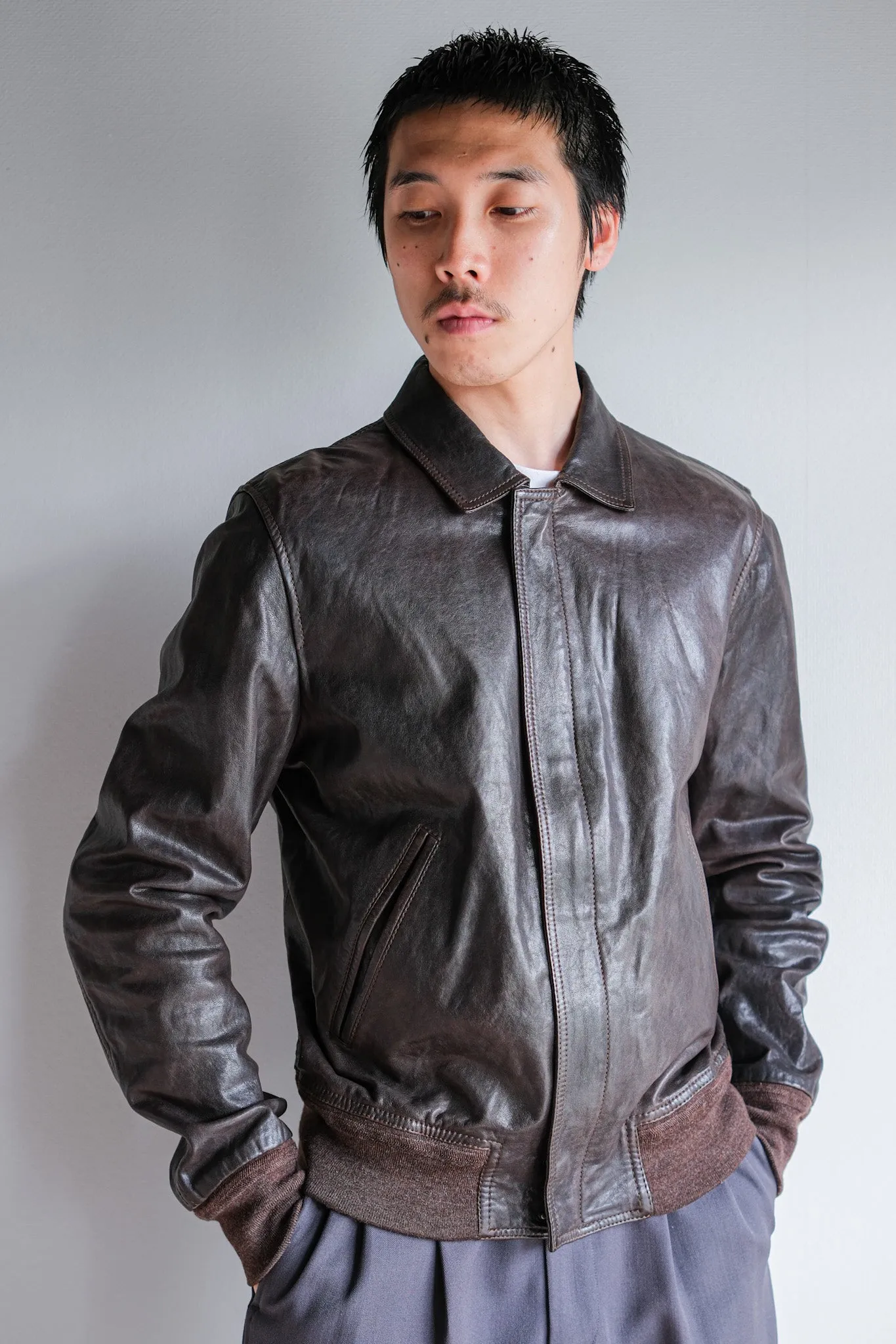 【~2010's】Old PRADA LINEA ROSSA Brown Leather Blouson Size.48 "PRADA SPORT"