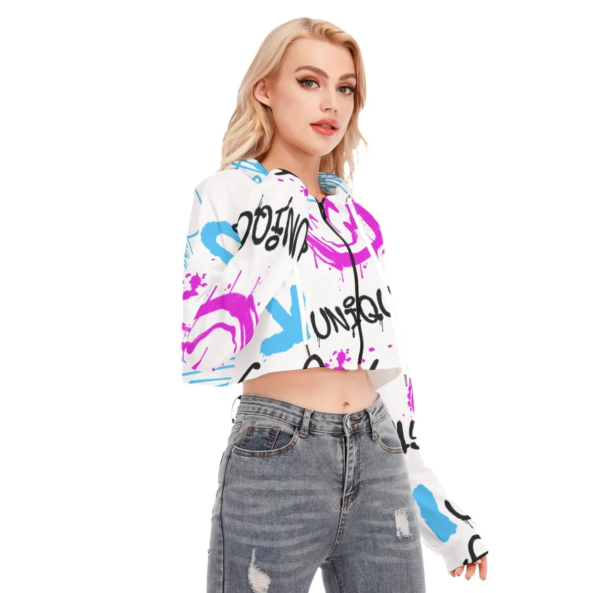 All-Over Print Women's Cropped Hoodie With Zipper Closure and 156