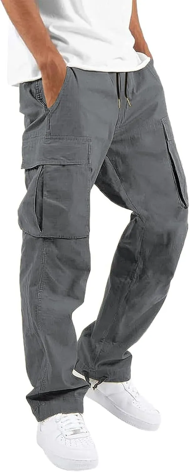 ALLABREVE Mens Casual Joggers Pants Hiking Drawstring Chino Cargo Pants Straight Leg Pants