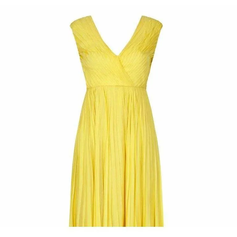 ARCHIVE- 1970s Ted Lapidus Lemon Yellow Pleated Chiffon Dress