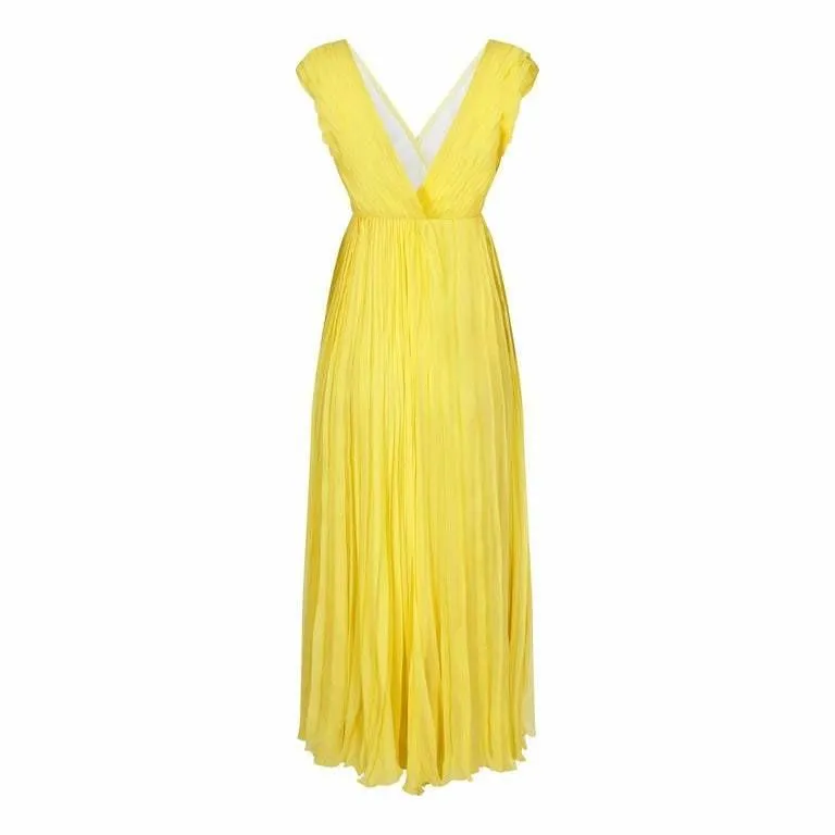 ARCHIVE- 1970s Ted Lapidus Lemon Yellow Pleated Chiffon Dress