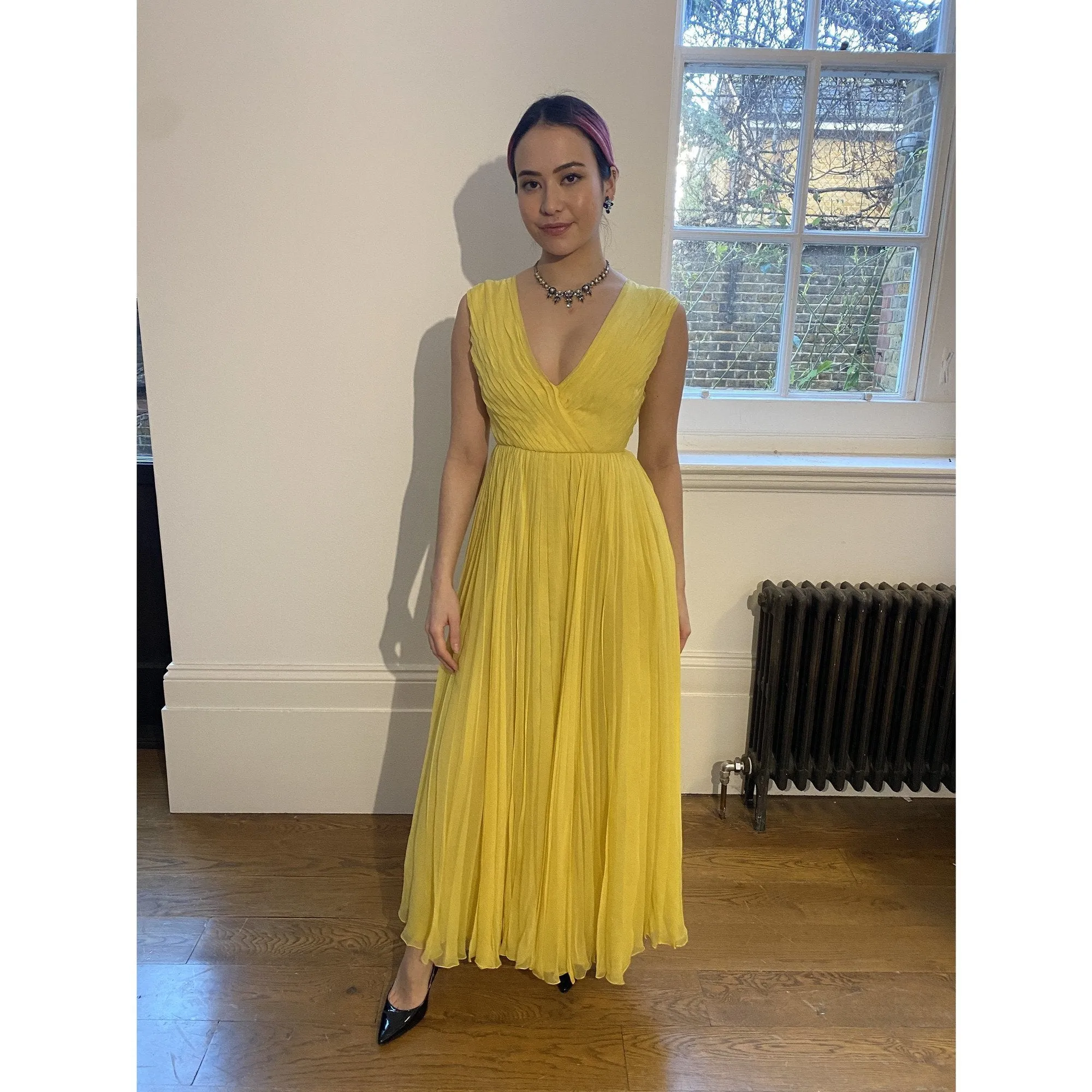 ARCHIVE- 1970s Ted Lapidus Lemon Yellow Pleated Chiffon Dress