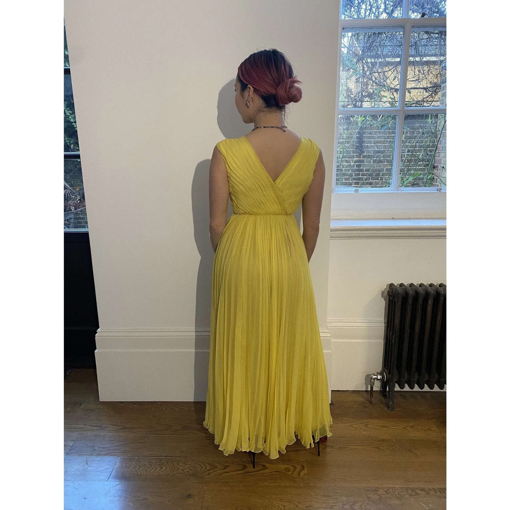 ARCHIVE- 1970s Ted Lapidus Lemon Yellow Pleated Chiffon Dress
