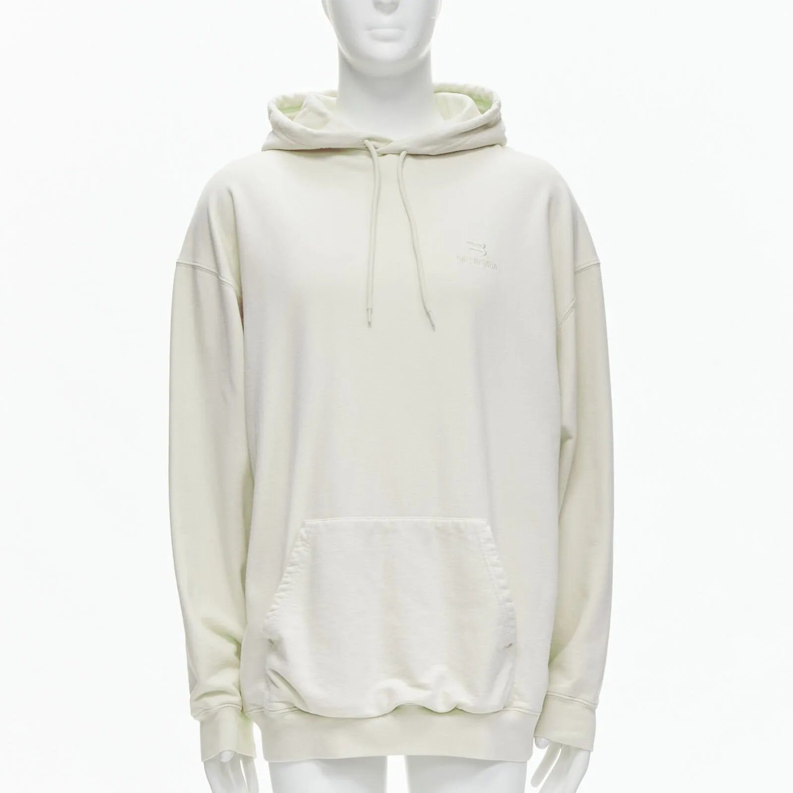 BALENCIAGA Demna 2021 ecru cotton logo embroidery oversized hoodie sweatshirt L