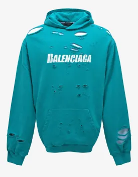 Balenciaga Turquoise Destroyed Oversized Hoodie