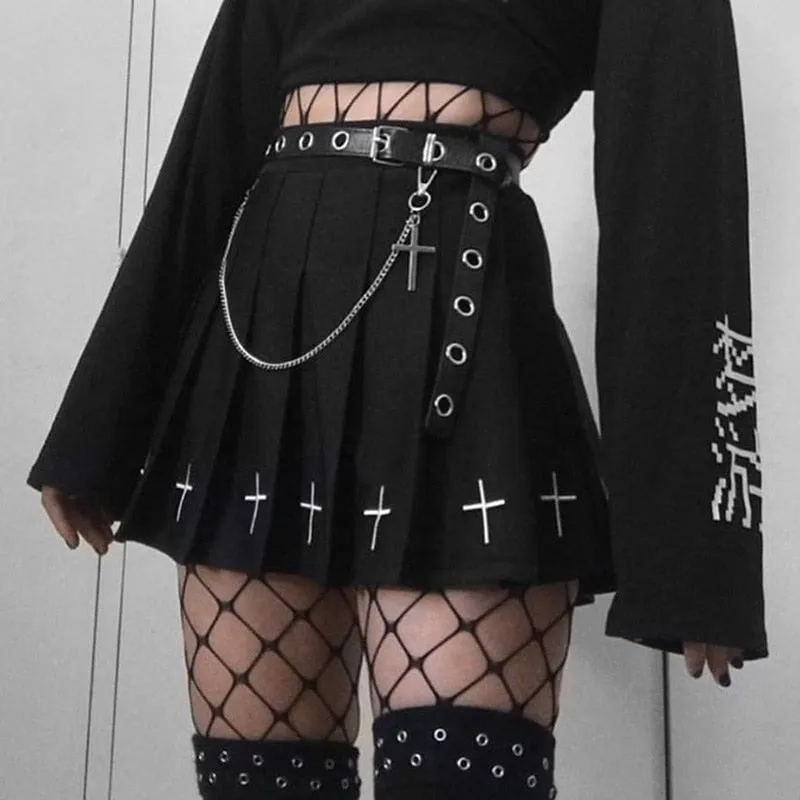 Black (or White) High Waist Mini Pleated Skirt with Cross Details