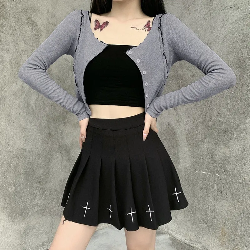 Black (or White) High Waist Mini Pleated Skirt with Cross Details