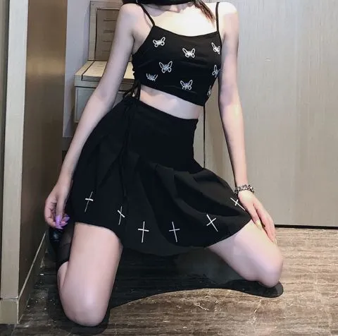 Black (or White) High Waist Mini Pleated Skirt with Cross Details