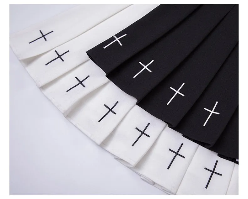 Black (or White) High Waist Mini Pleated Skirt with Cross Details