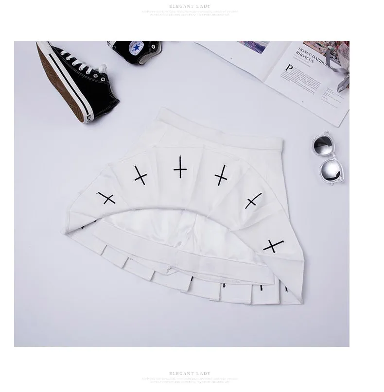 Black (or White) High Waist Mini Pleated Skirt with Cross Details