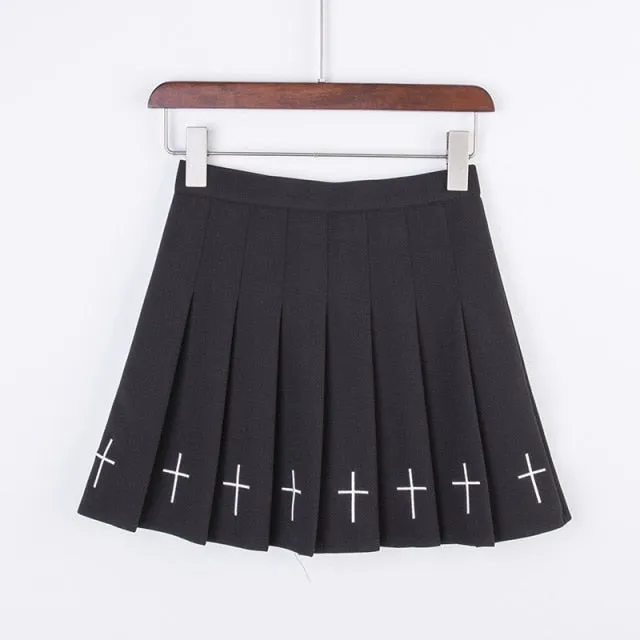 Black (or White) High Waist Mini Pleated Skirt with Cross Details