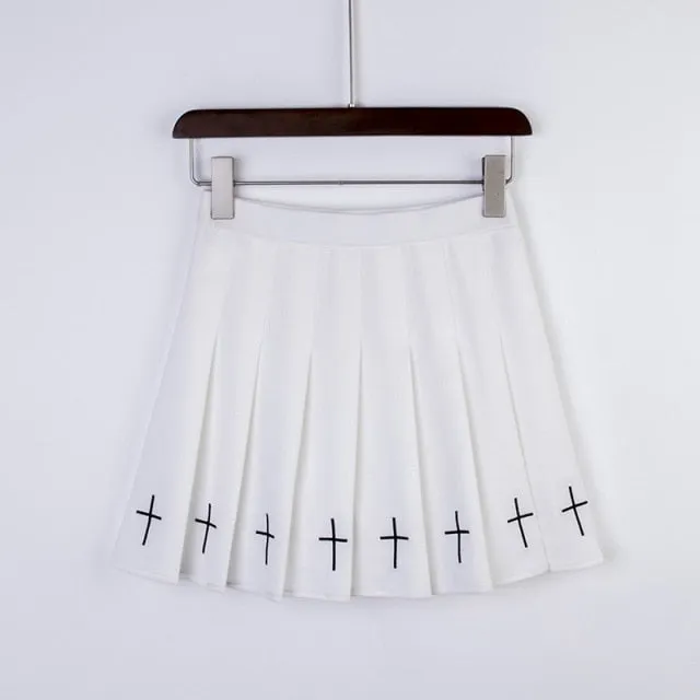 Black (or White) High Waist Mini Pleated Skirt with Cross Details
