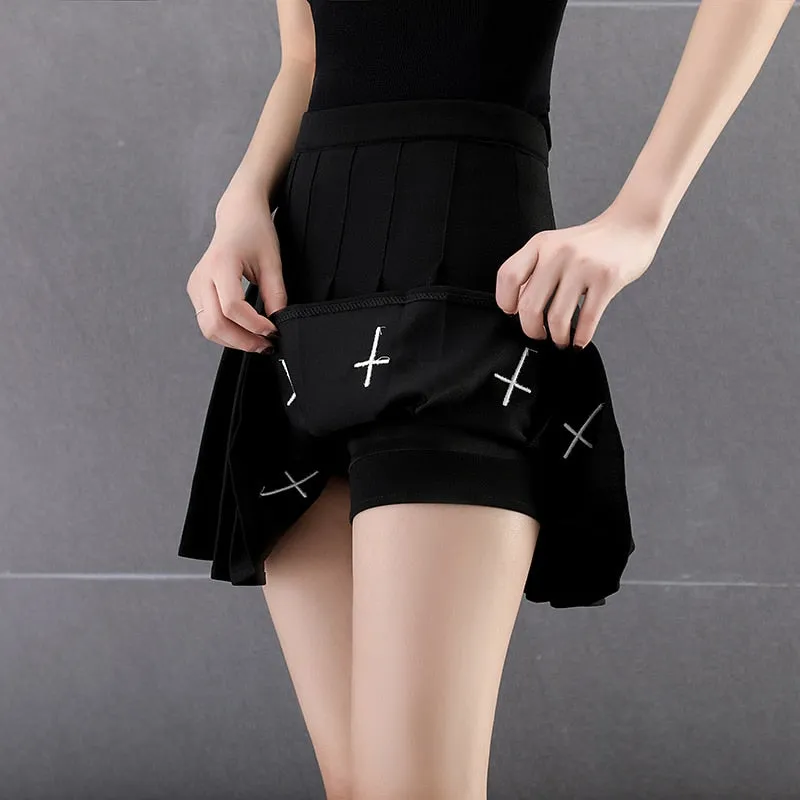 Black (or White) High Waist Mini Pleated Skirt with Cross Details