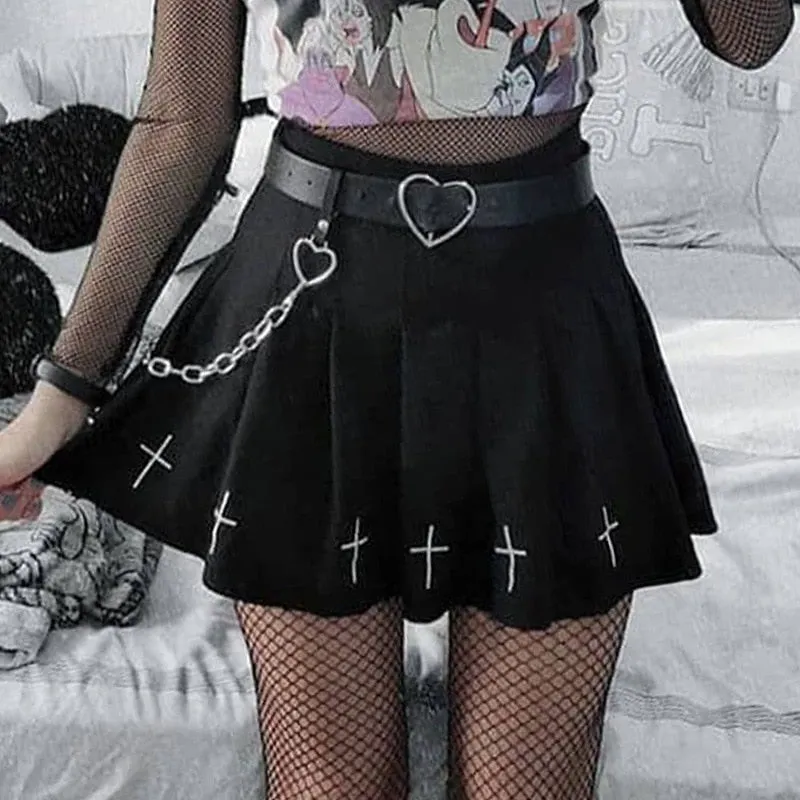 Black (or White) High Waist Mini Pleated Skirt with Cross Details