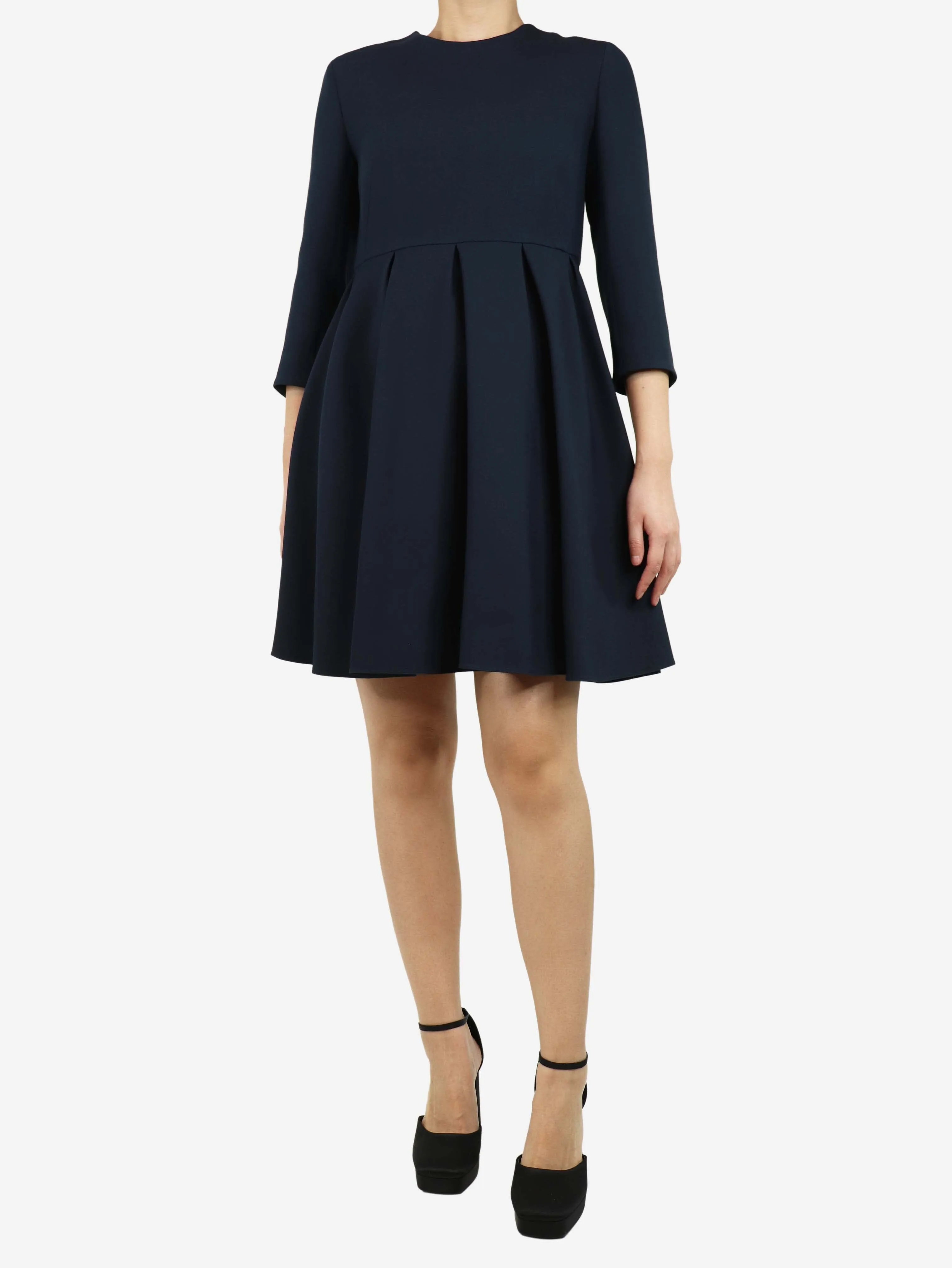 Blue 3/4 sleeve pleated mini dress - size UK 12