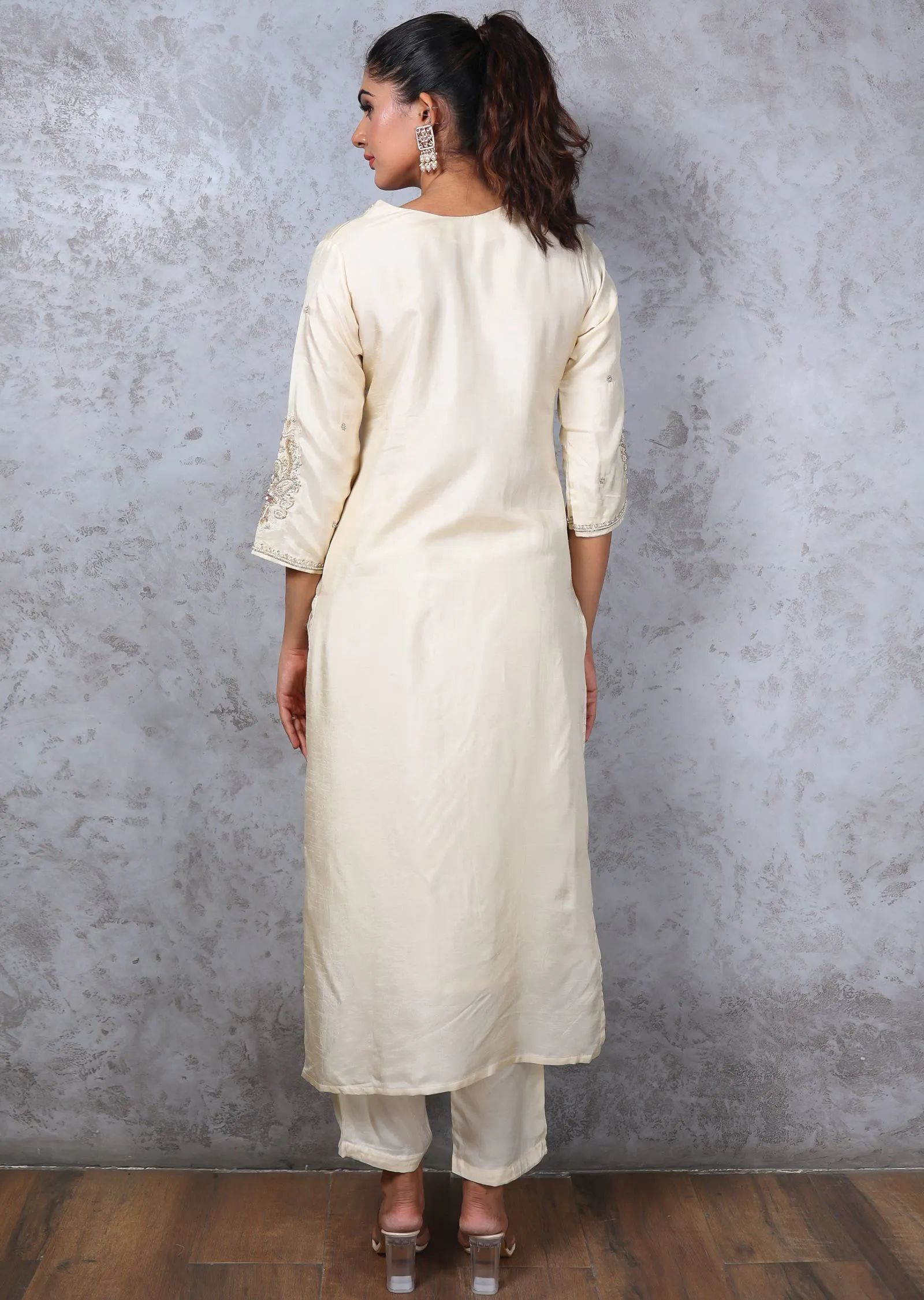 Cream Silk Embroidered Straight cut suits