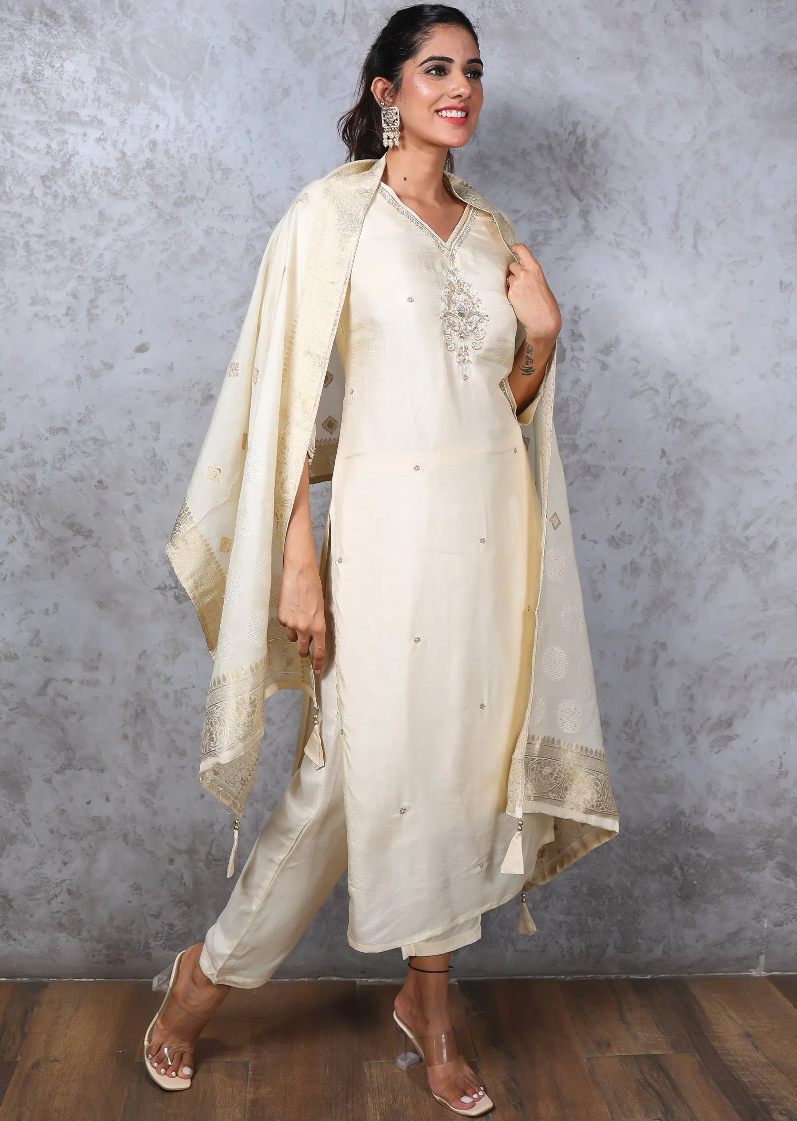 Cream Silk Embroidered Straight cut suits