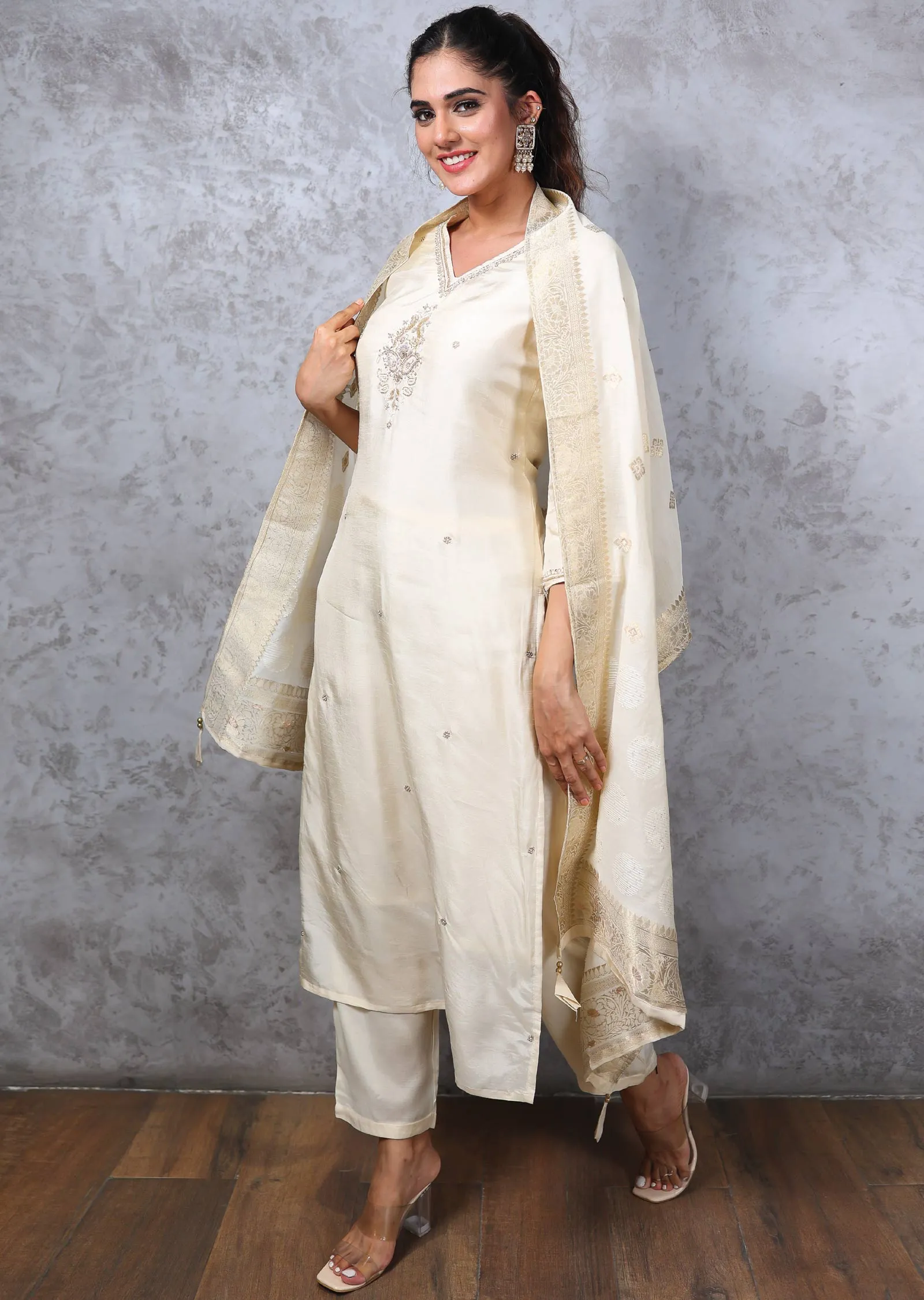 Cream Silk Embroidered Straight cut suits