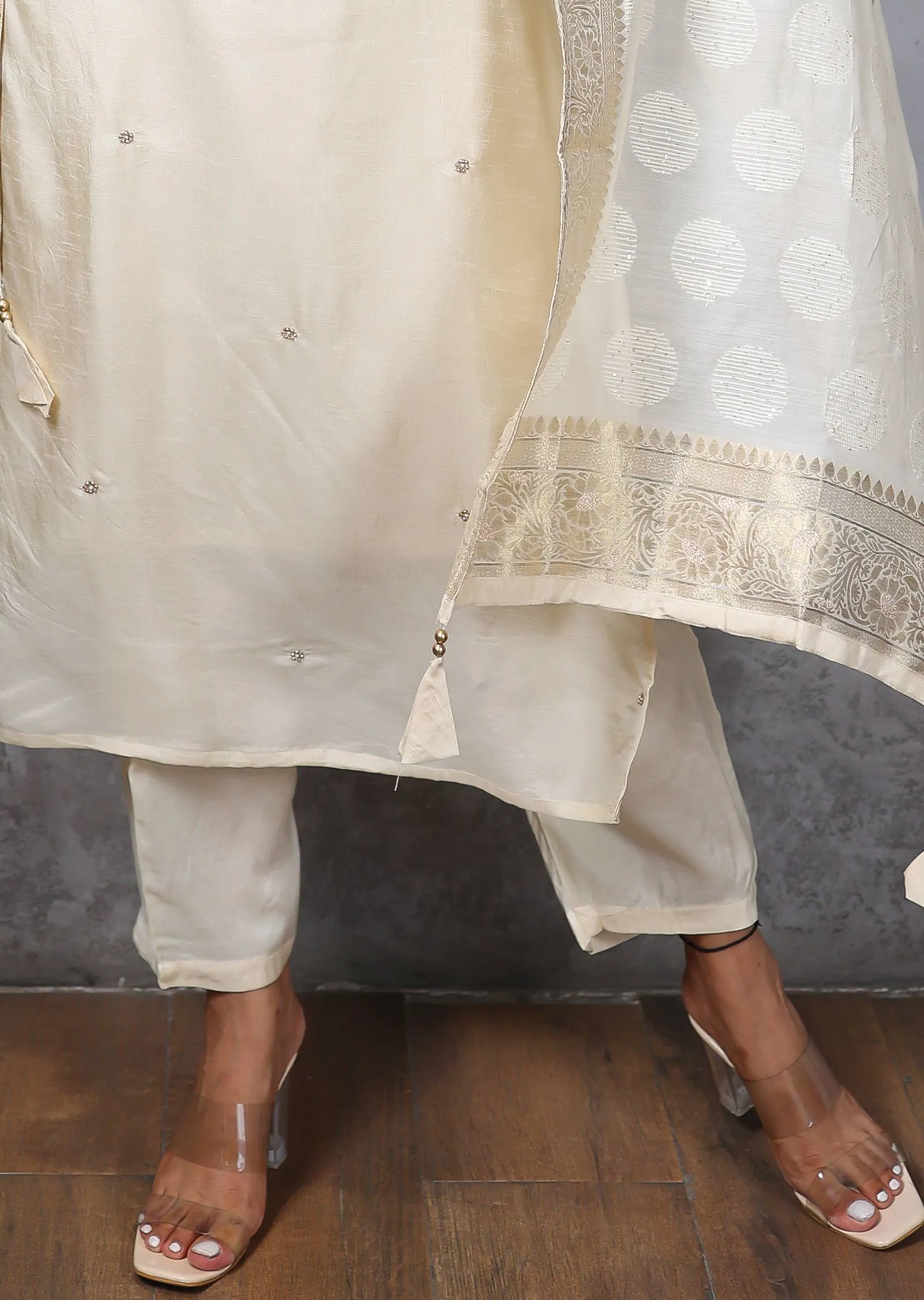 Cream Silk Embroidered Straight cut suits