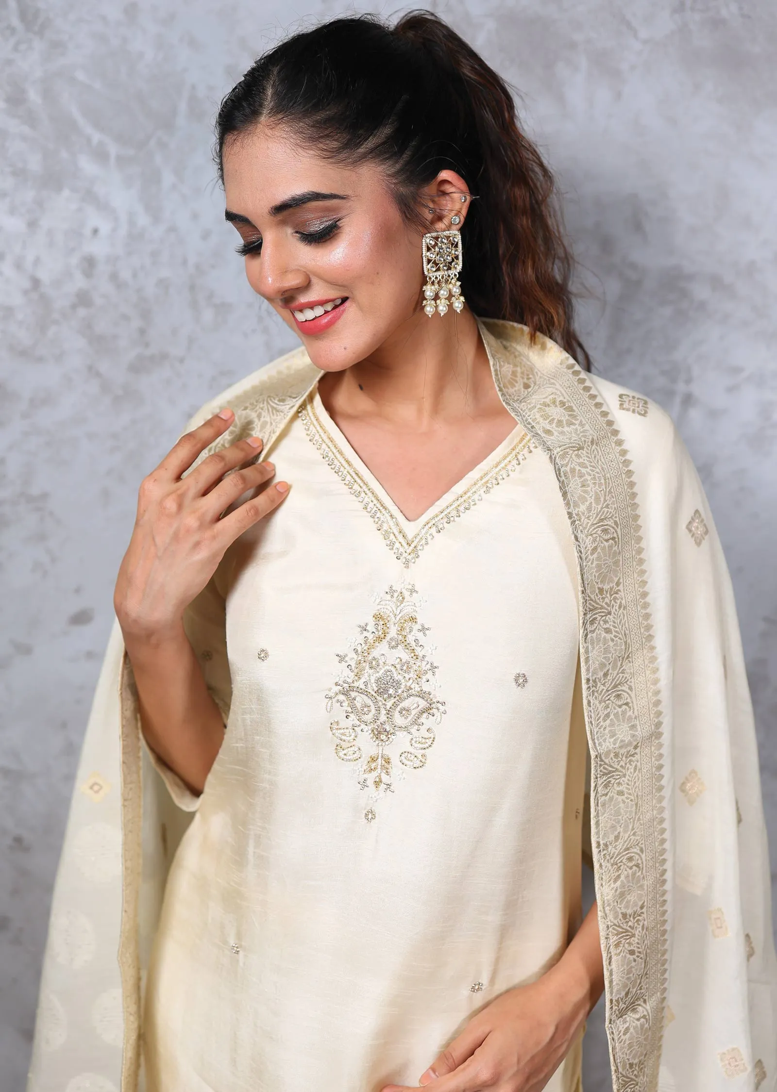 Cream Silk Embroidered Straight cut suits