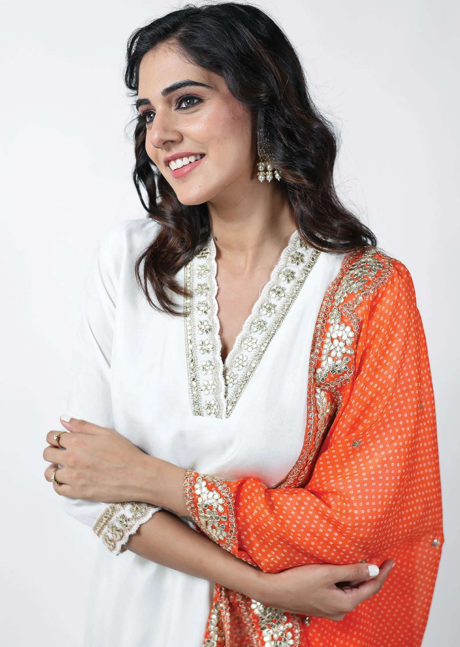 Cream Silk Printed Straight cut suits