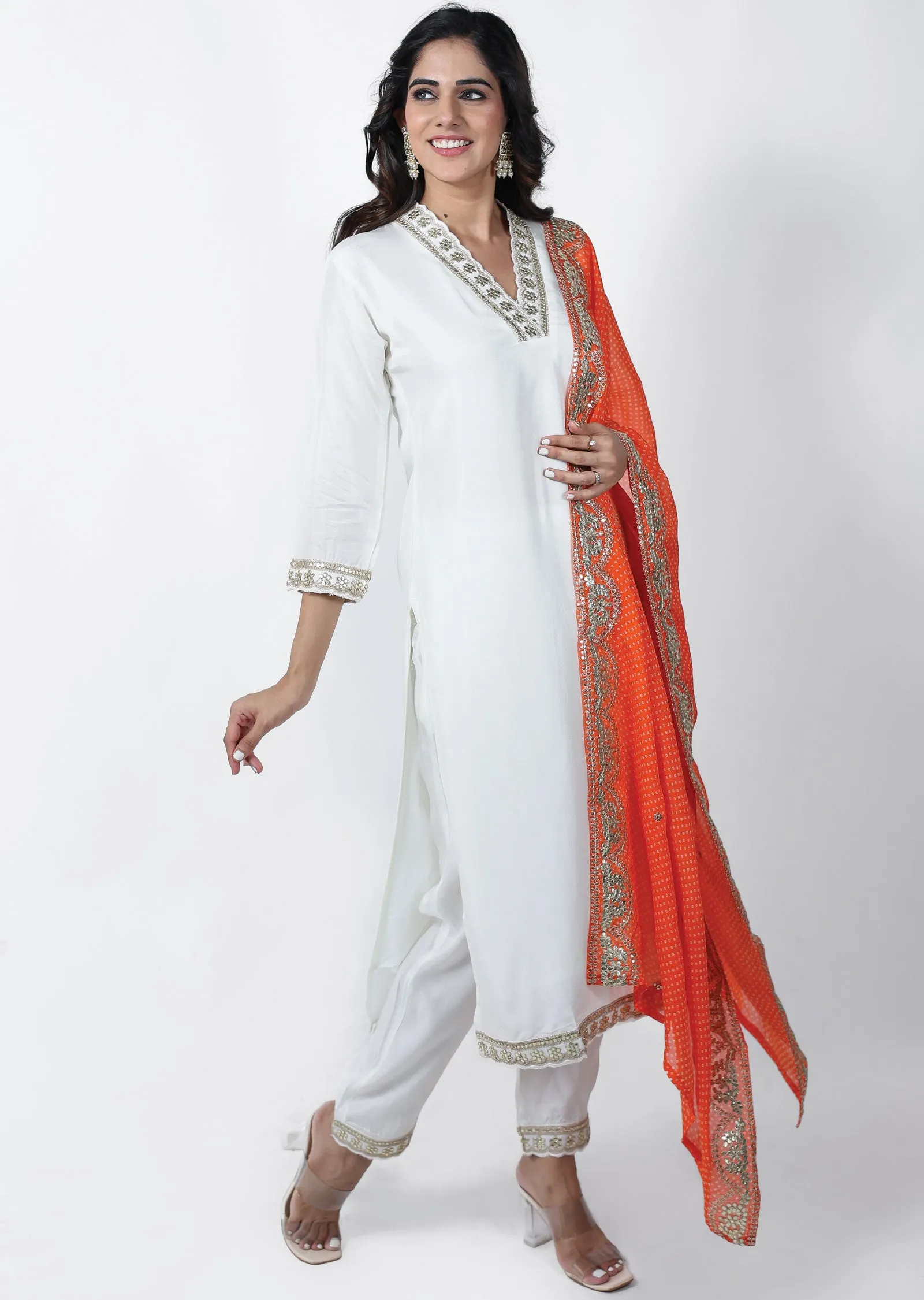Cream Silk Printed Straight cut suits