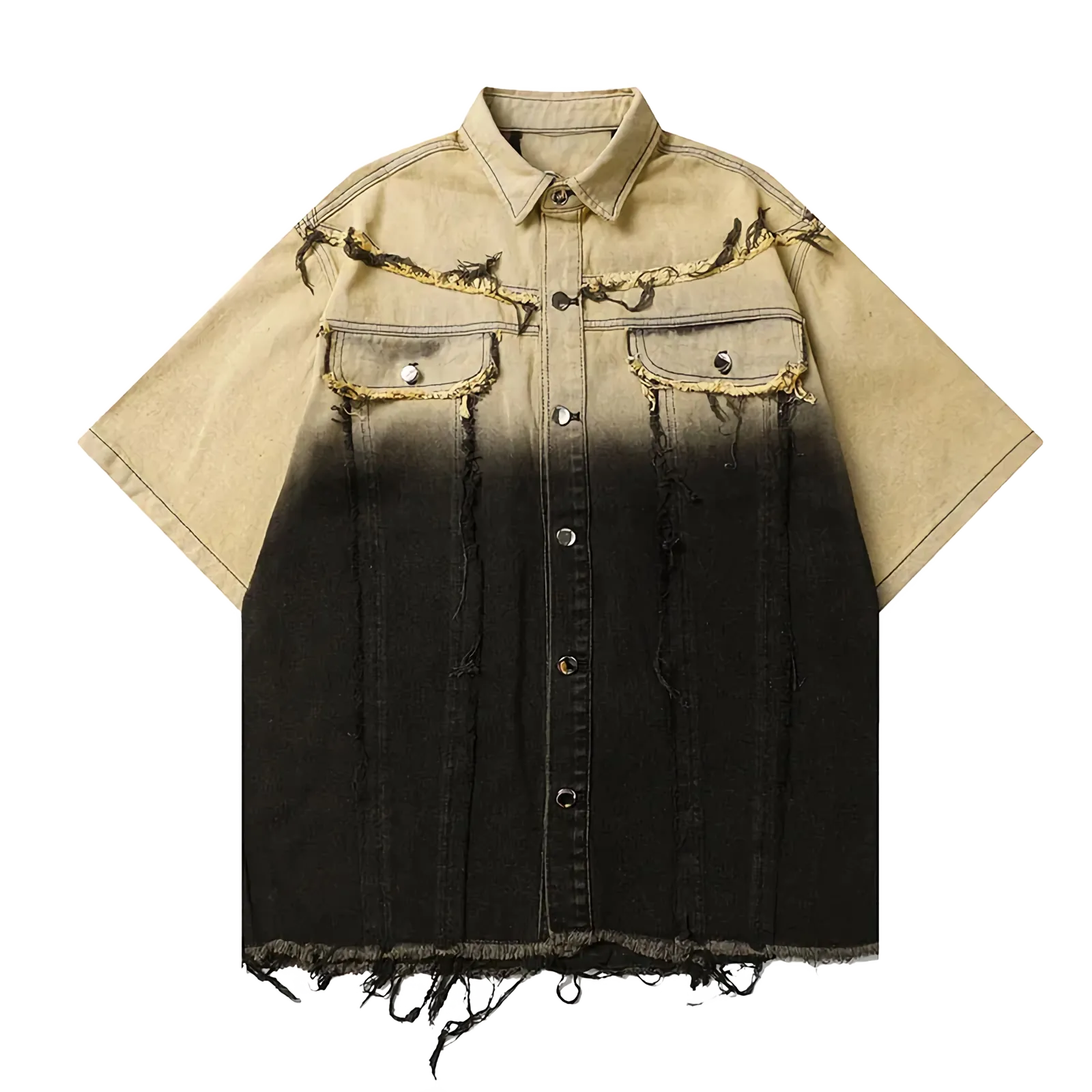Gradient Dyed Distressed Denim Button Up