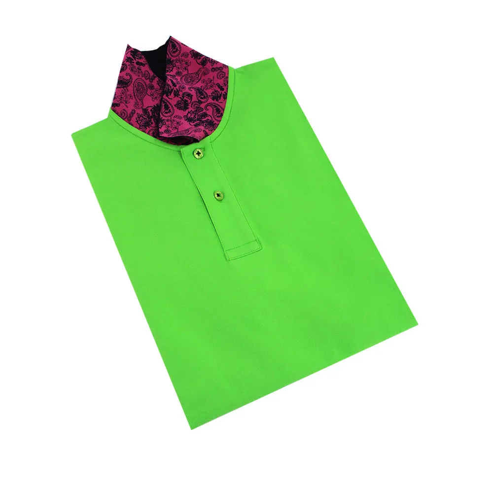 Green Polo with Double Sided Navy and Fuchsia Paisley Print Collar