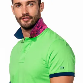 Green Polo with Double Sided Navy and Fuchsia Paisley Print Collar