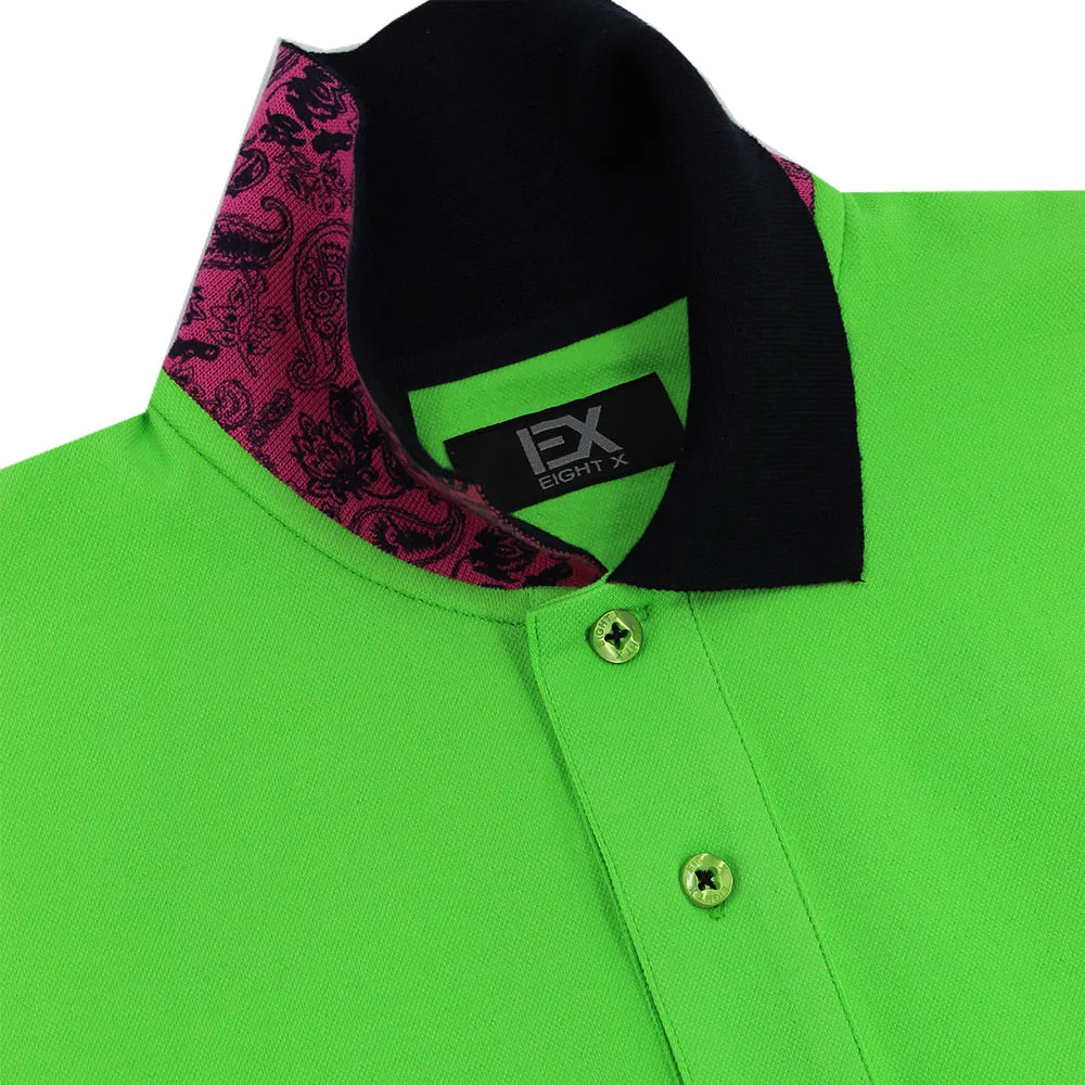 Green Polo with Double Sided Navy and Fuchsia Paisley Print Collar