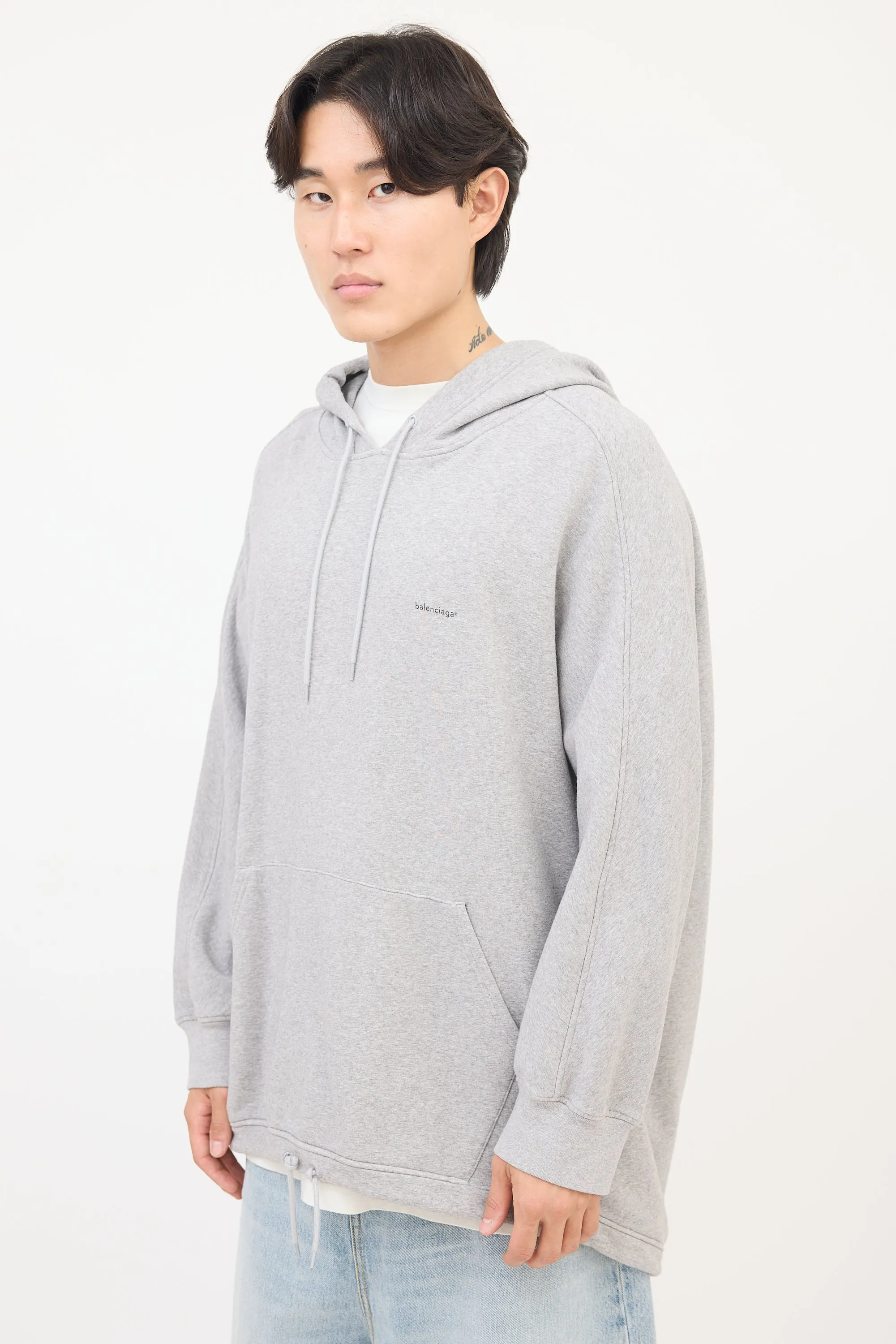 Heather Grey Oversized Drawstring Logo Hoodie