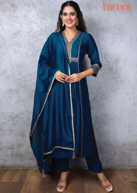 Ink Blue Silk Embroidered Straight cut suits