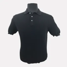 Italian Made Pebble Weave Cotton Short Sleeve Polo / Black