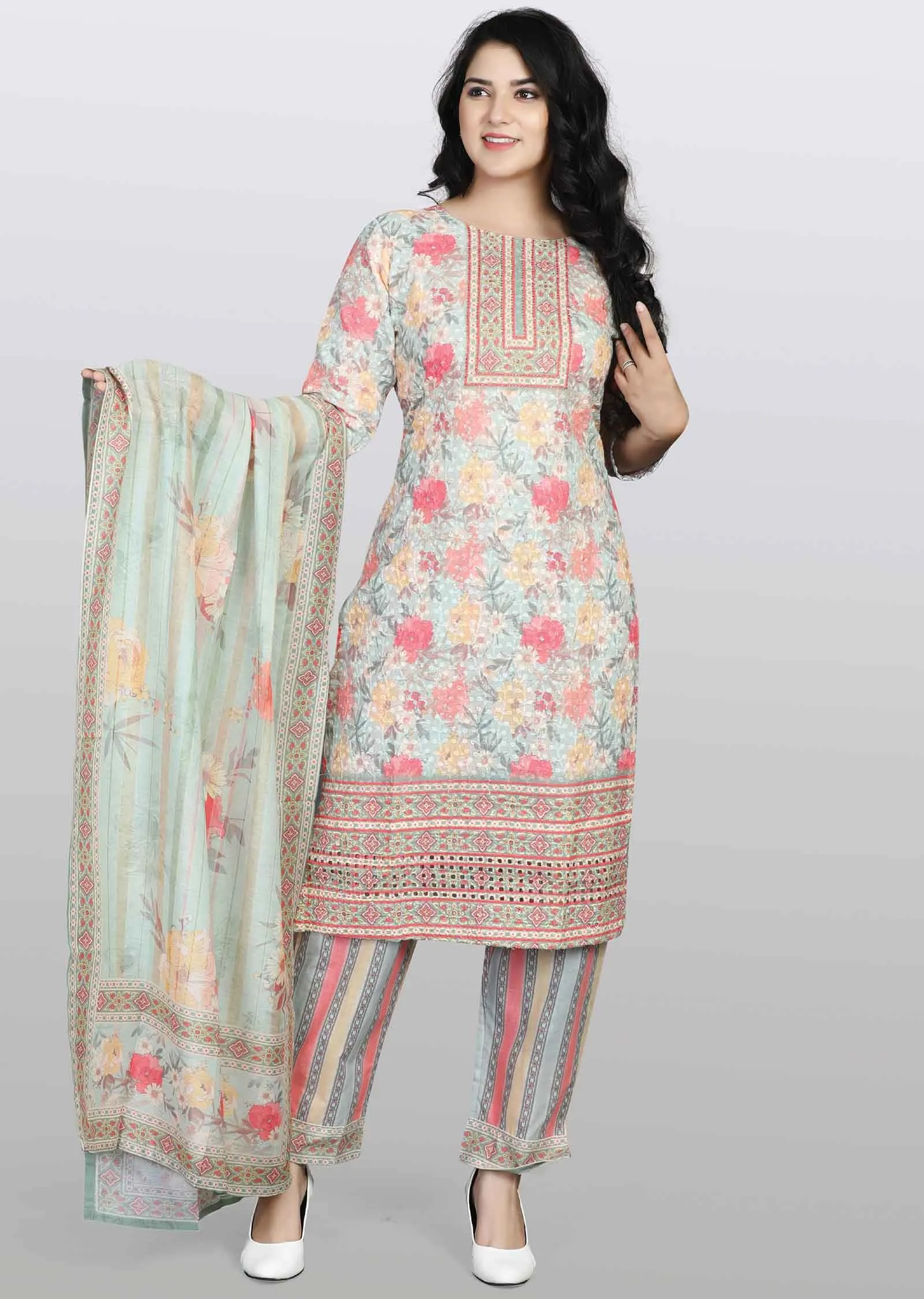 Light Green Schiffli cotton Printed Straight cut suits