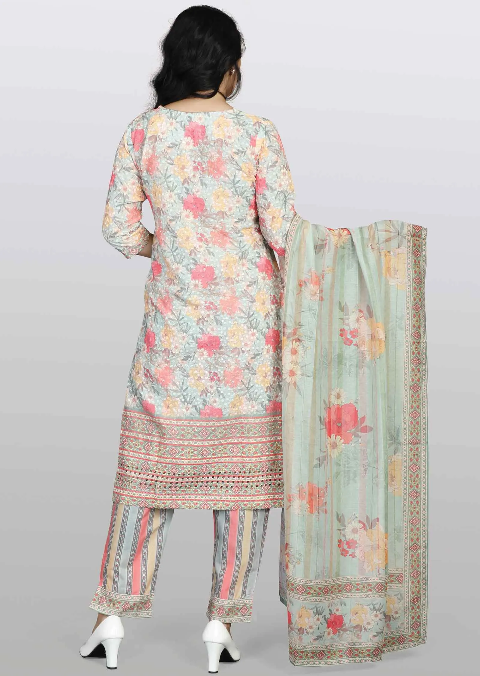 Light Green Schiffli cotton Printed Straight cut suits