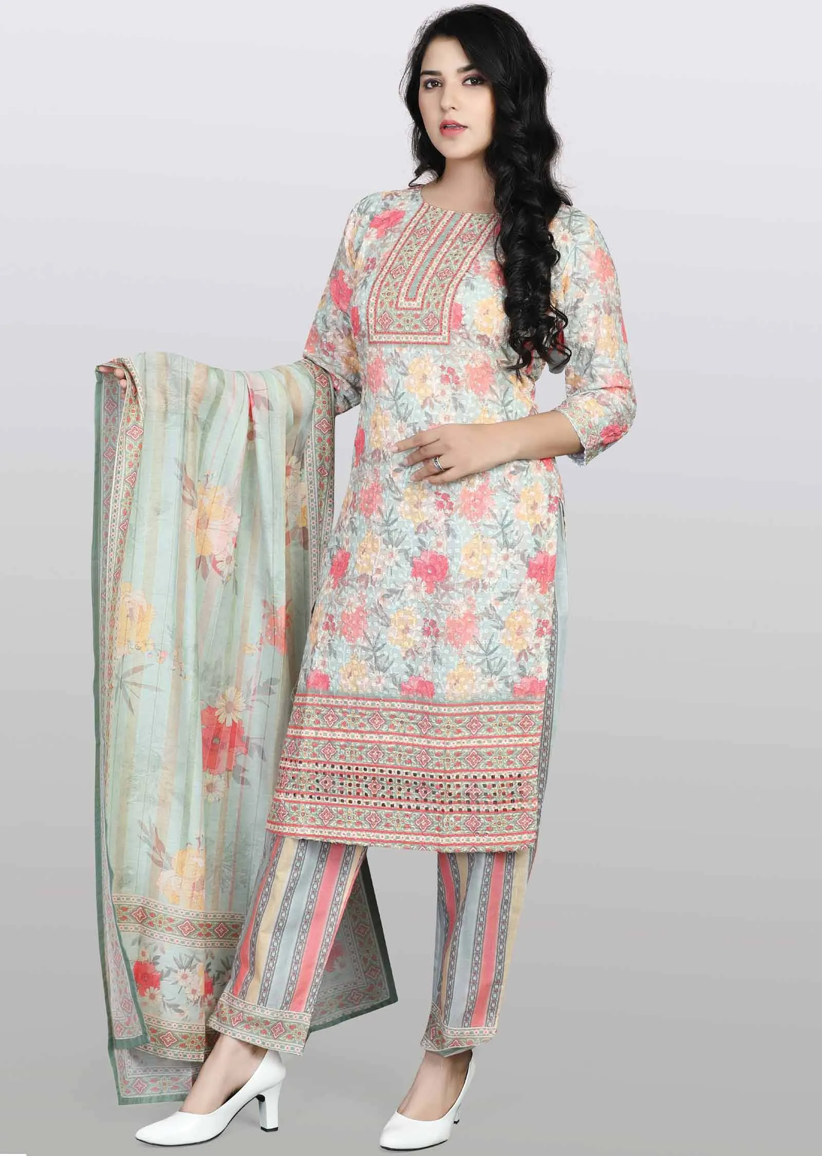 Light Green Schiffli cotton Printed Straight cut suits