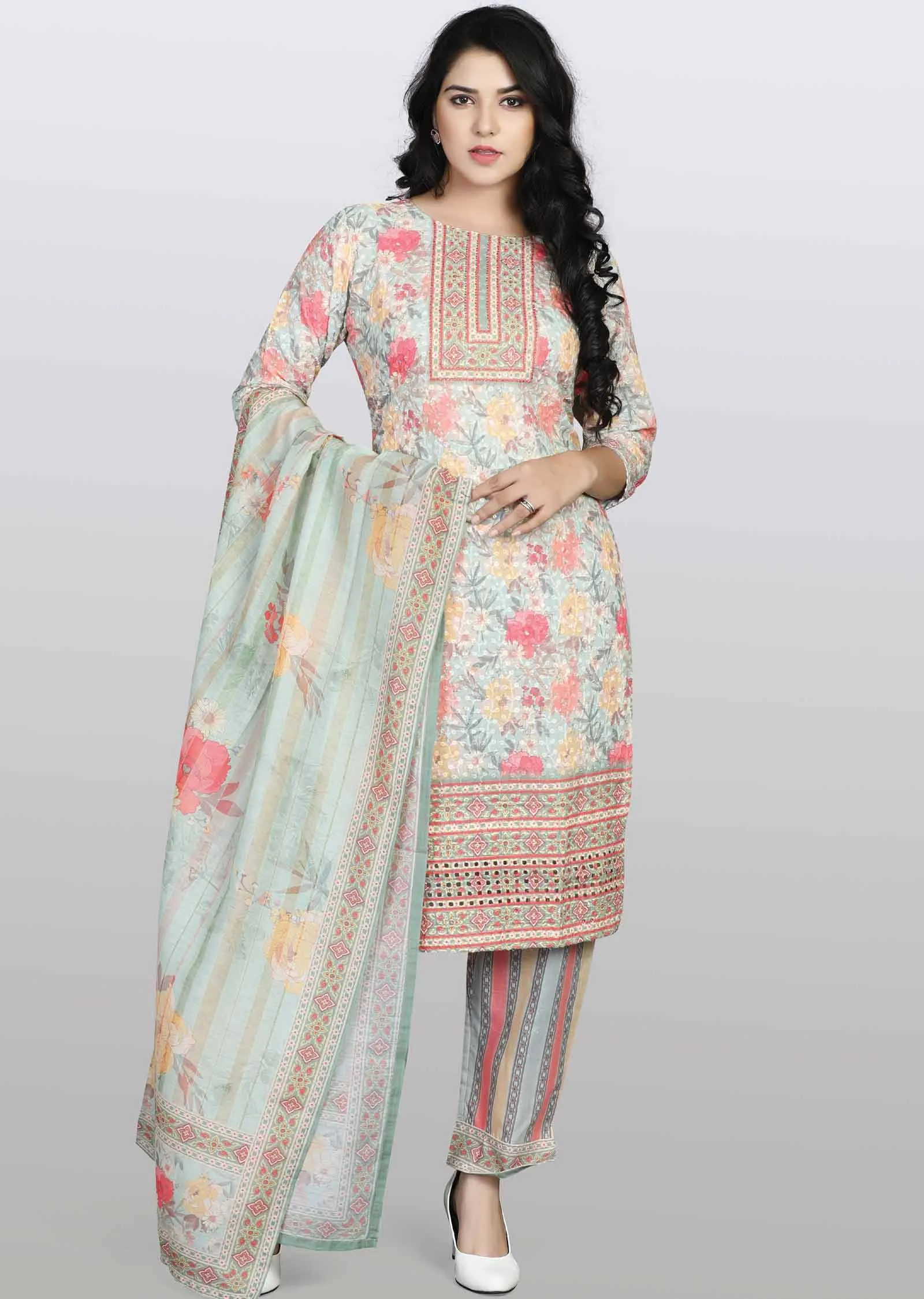 Light Green Schiffli cotton Printed Straight cut suits