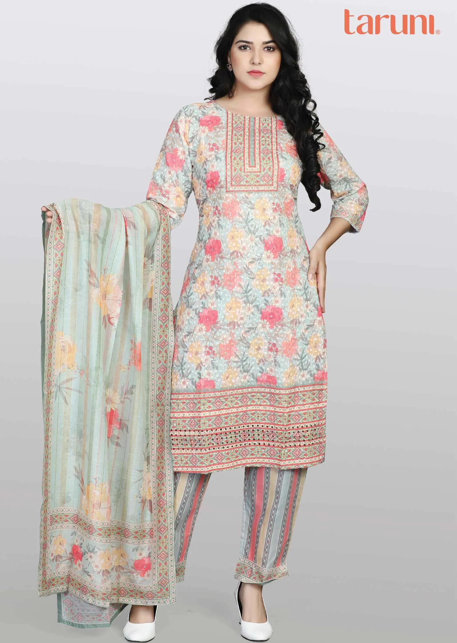 Light Green Schiffli cotton Printed Straight cut suits