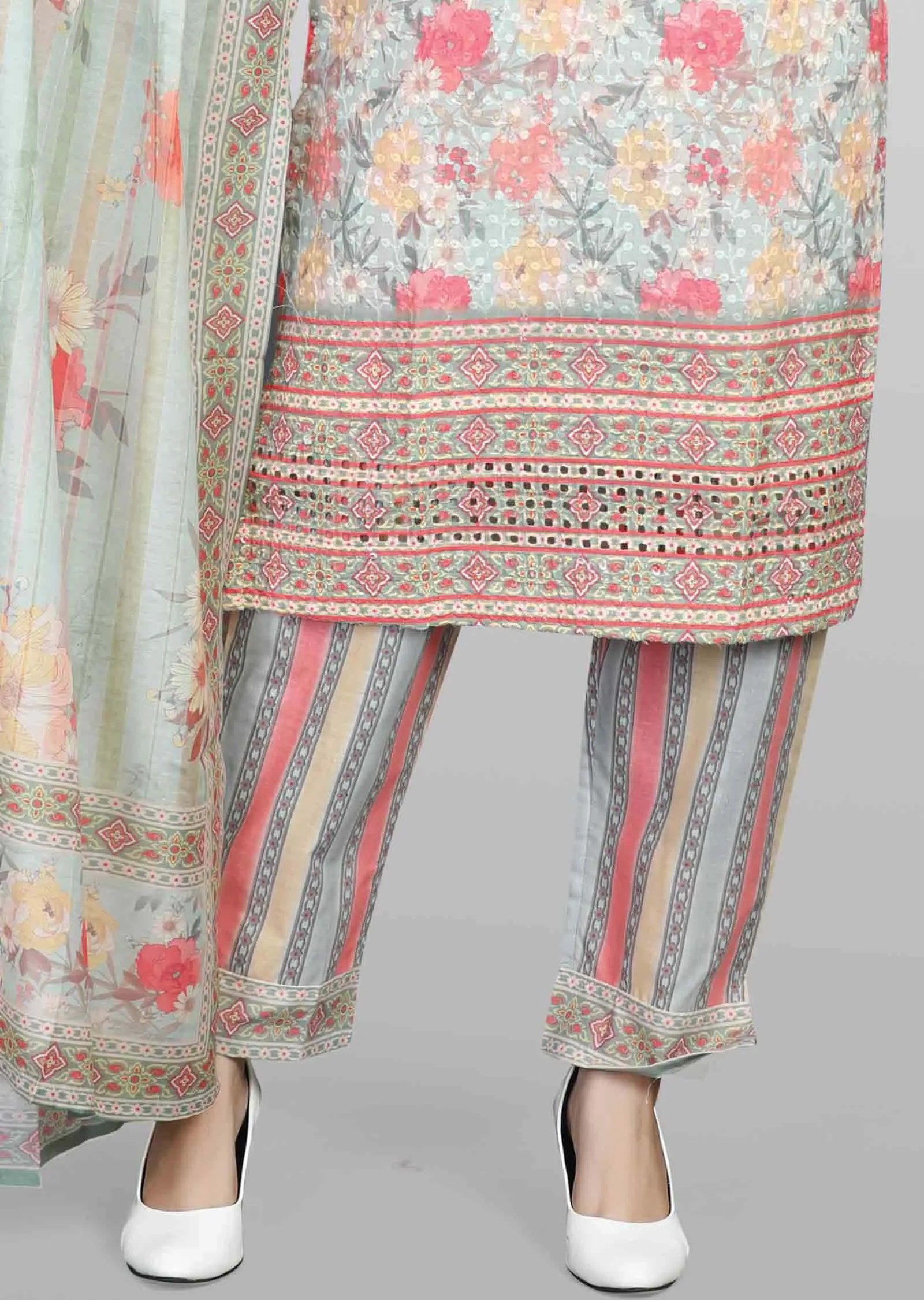 Light Green Schiffli cotton Printed Straight cut suits