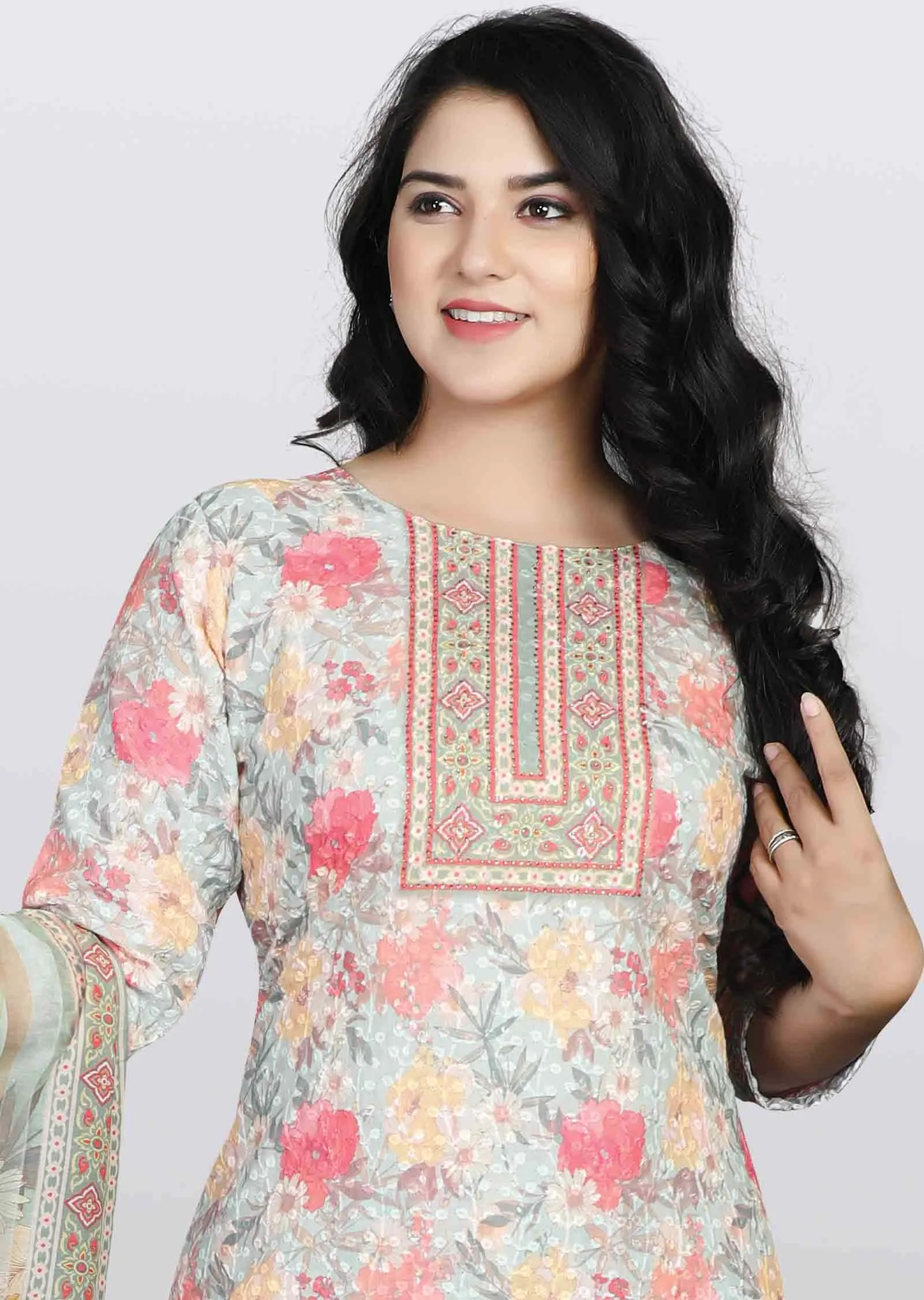 Light Green Schiffli cotton Printed Straight cut suits