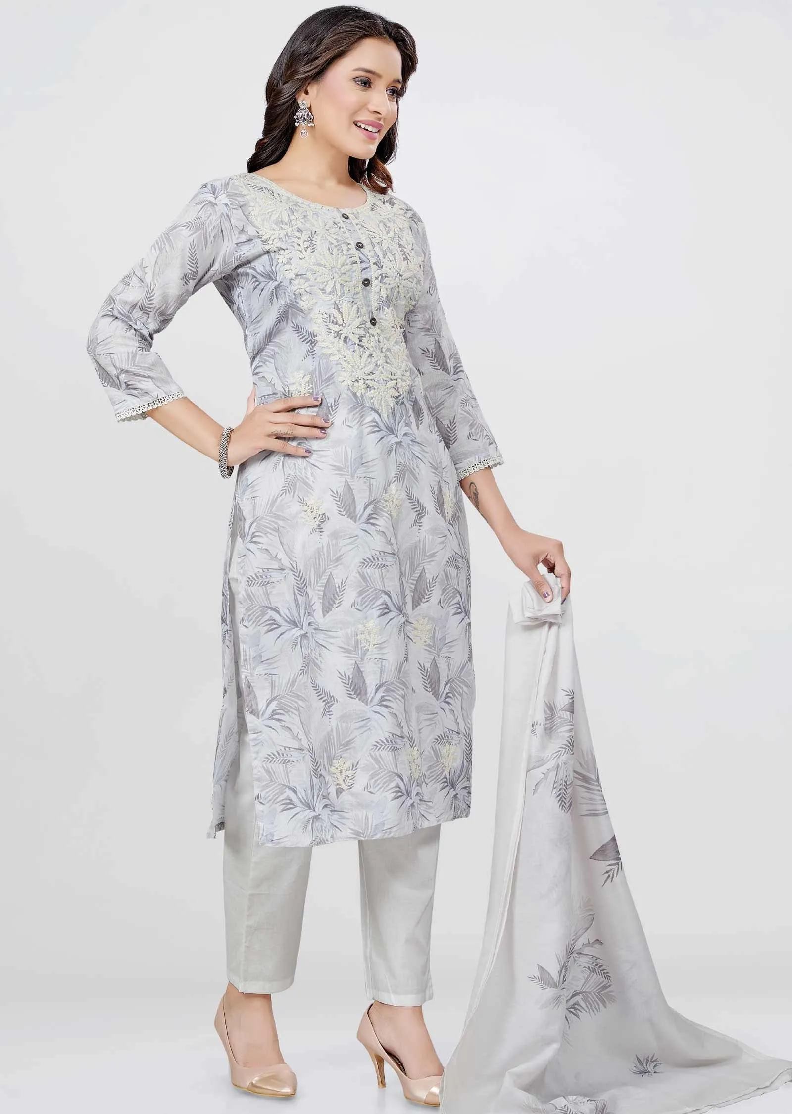 Light Grey Linen Cotton Printed Straight cut suits