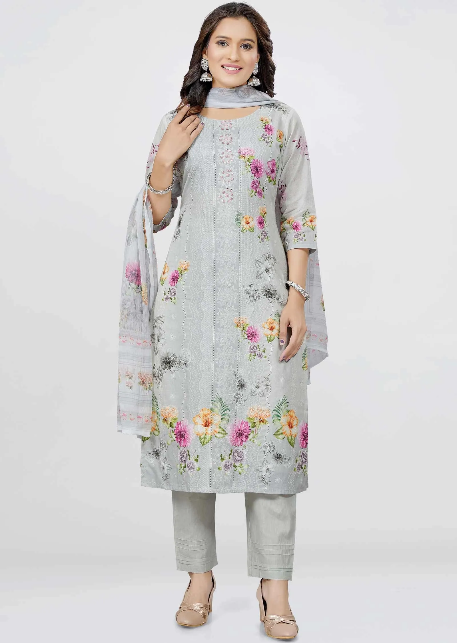 Light Grey schiffli cotton Sequins Straight cut suits