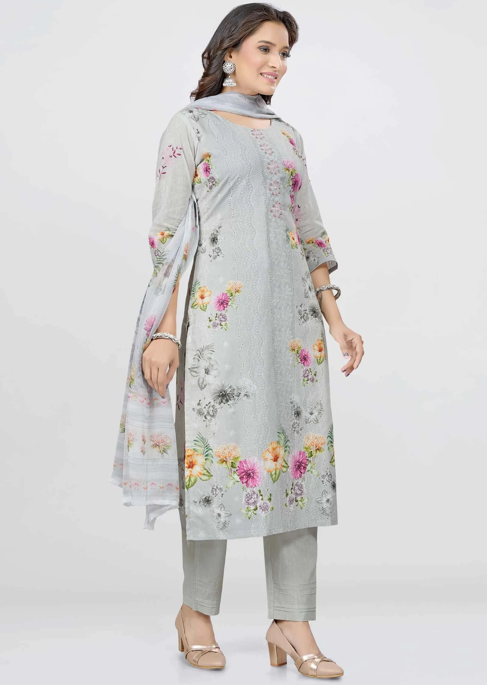 Light Grey schiffli cotton Sequins Straight cut suits