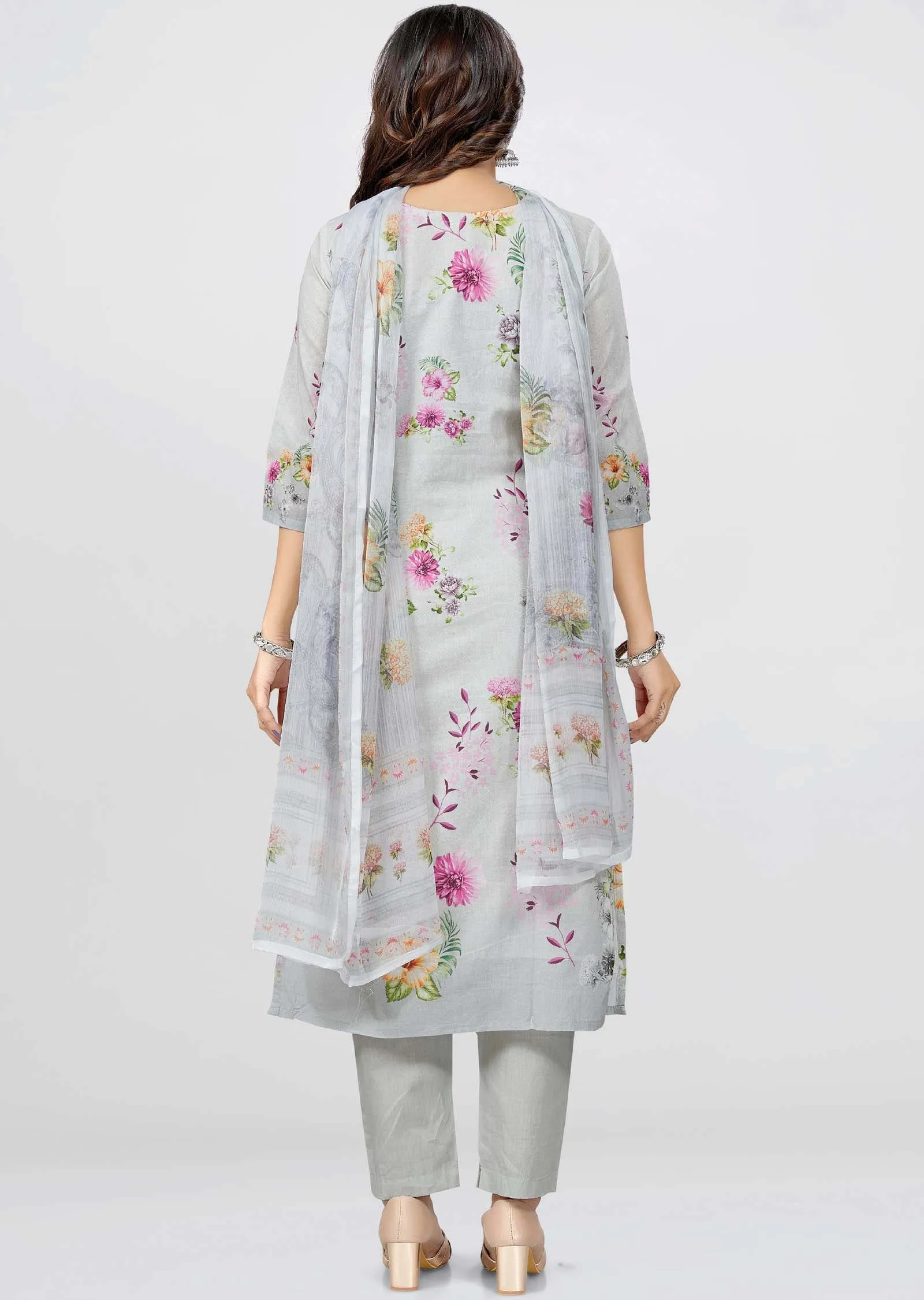 Light Grey schiffli cotton Sequins Straight cut suits