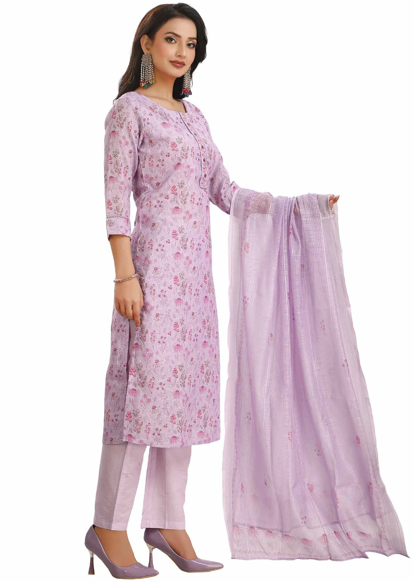 Light Lavender Croatia Linen Cotton Printed Straight cut suits