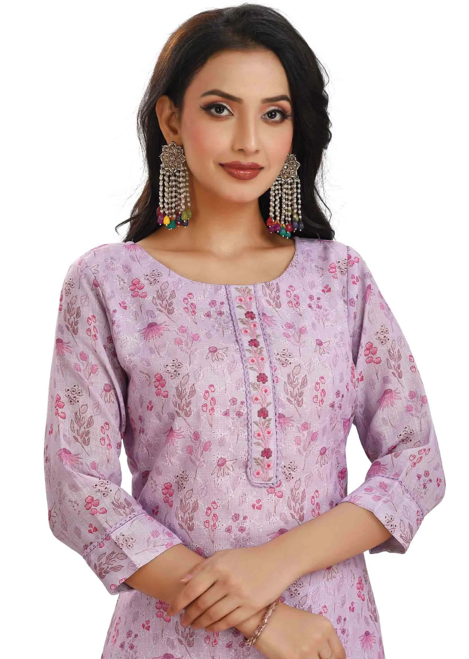 Light Lavender Croatia Linen Cotton Printed Straight cut suits