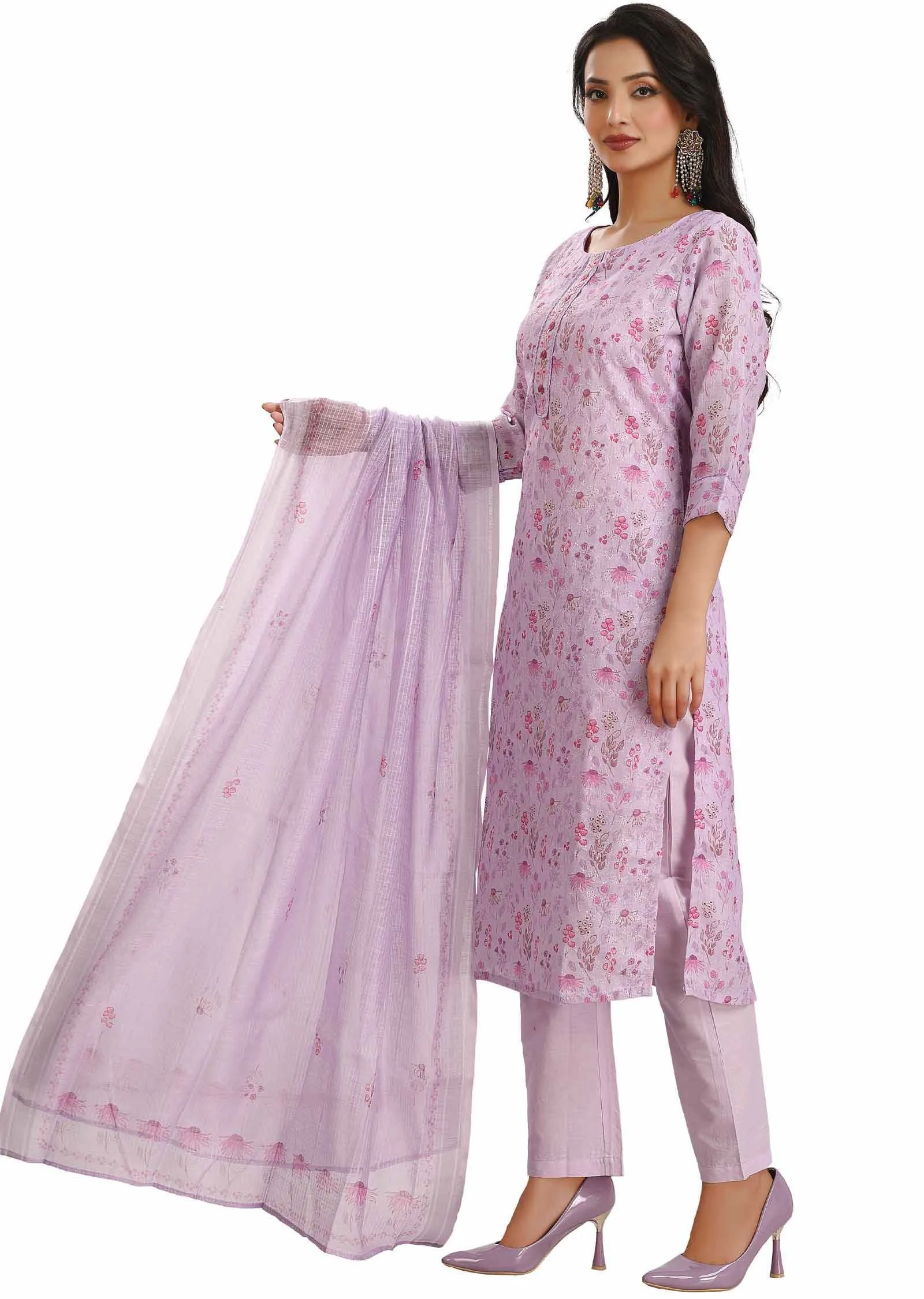 Light Lavender Croatia Linen Cotton Printed Straight cut suits