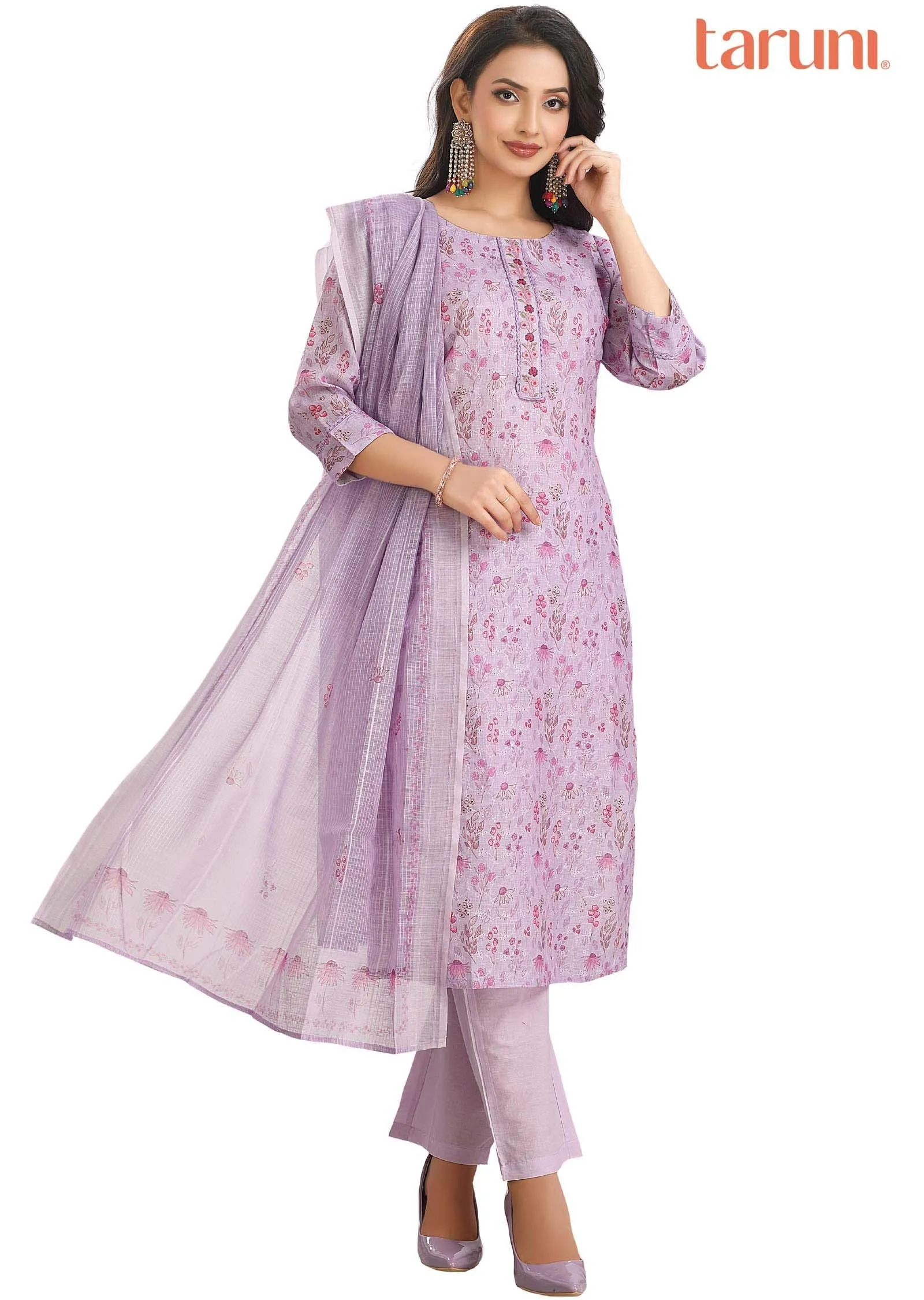 Light Lavender Croatia Linen Cotton Printed Straight cut suits