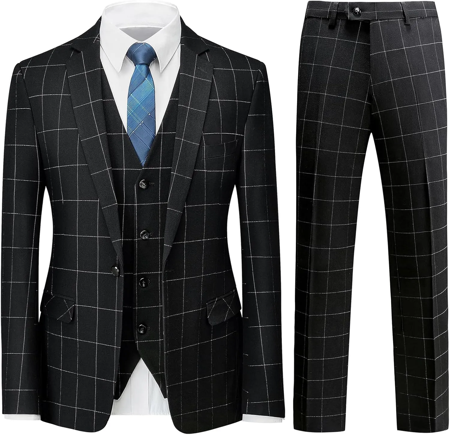 Mens Plaid Suit Slim Fit 3 Pieces Casual Checked Vintage Tuxedo Suit for Men for Wedding Business Party Blazer Pants & Vest